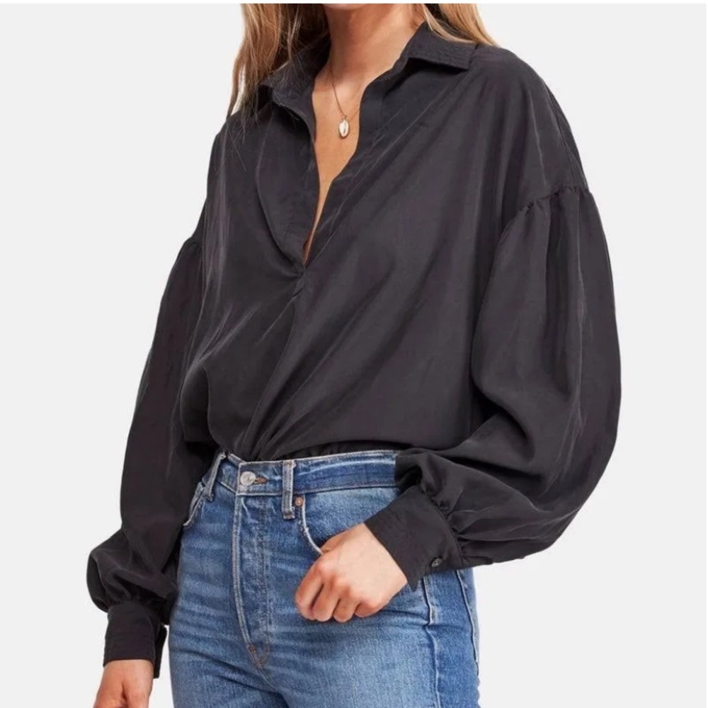 Zara poplin collared button down shirt with puffed sleeves